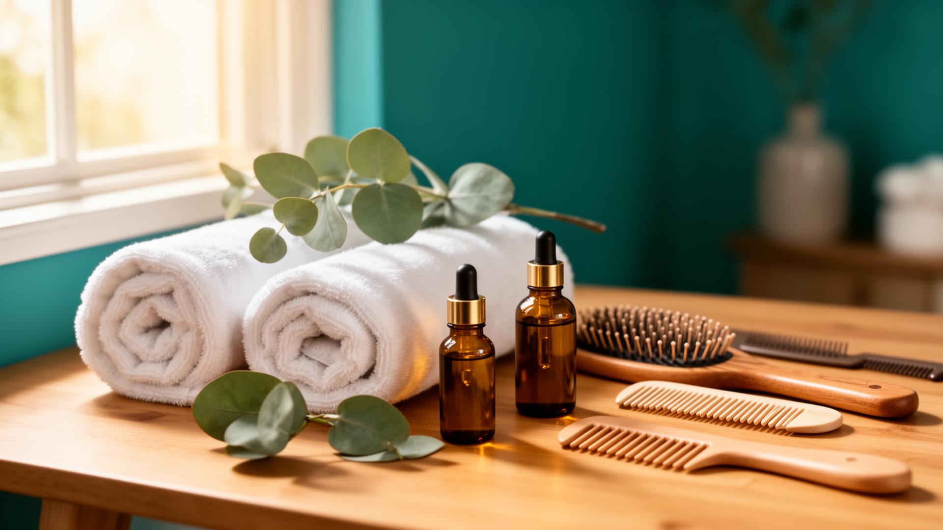 Premium at-home wellness and grooming setup with towels, natural oils, and brushes